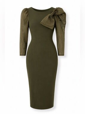 Elise 1940s Inspired Olive Green Sculpted Hourglass Midi Dress w/ Bow Detail M